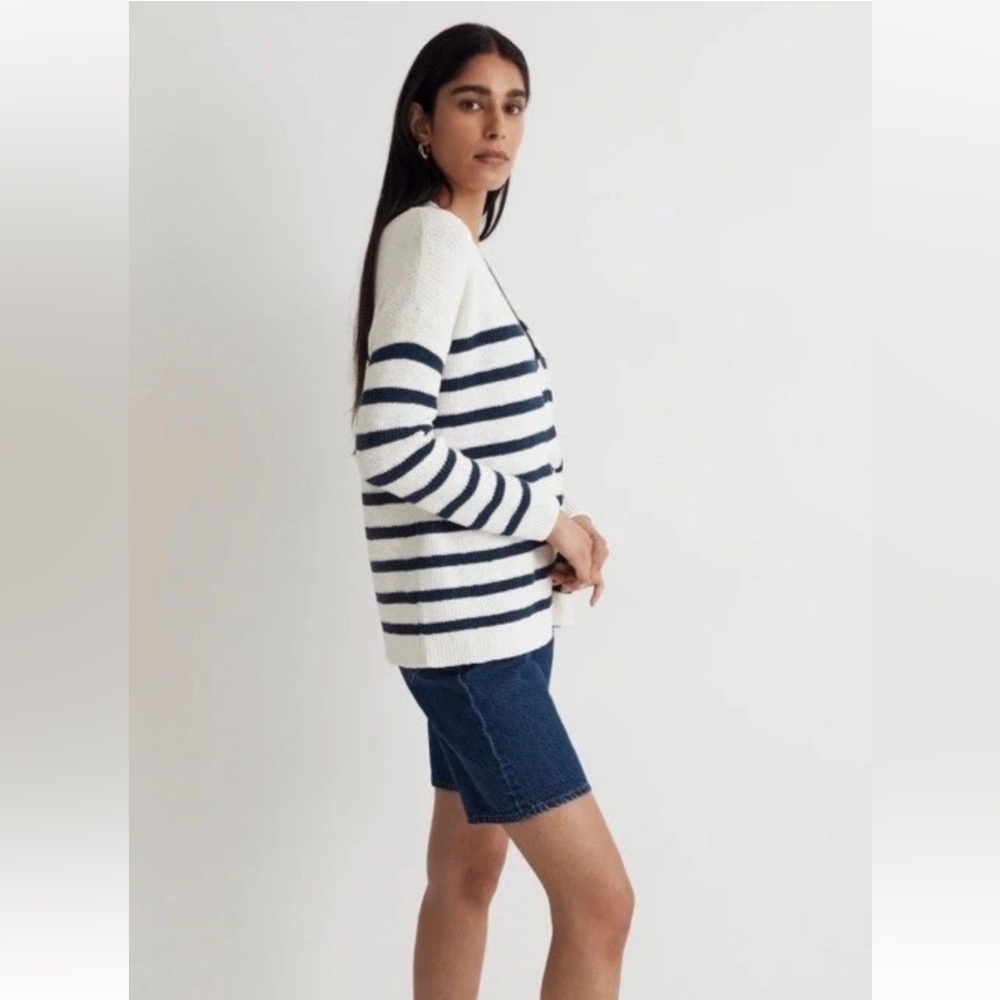 Madewell V-Neck Button-Front Long Cardigan Sweater Navy & White Striped Sz XS - Picture 4 of 13